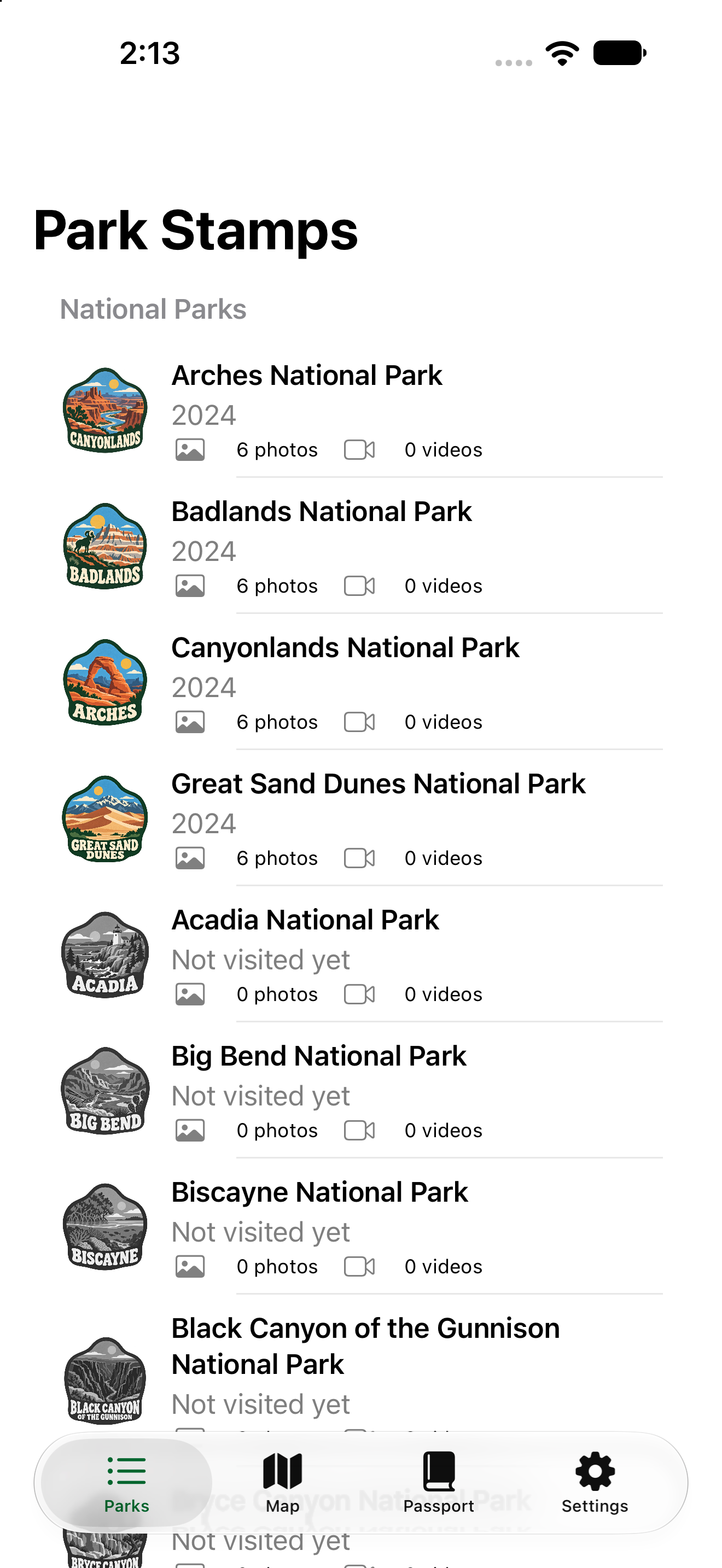 Park list showing visited national parks with illustrated stamps